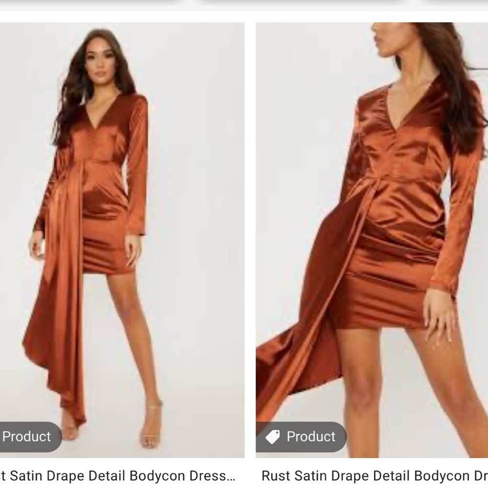 Rust Satin Drape Detail Bodycon Dress